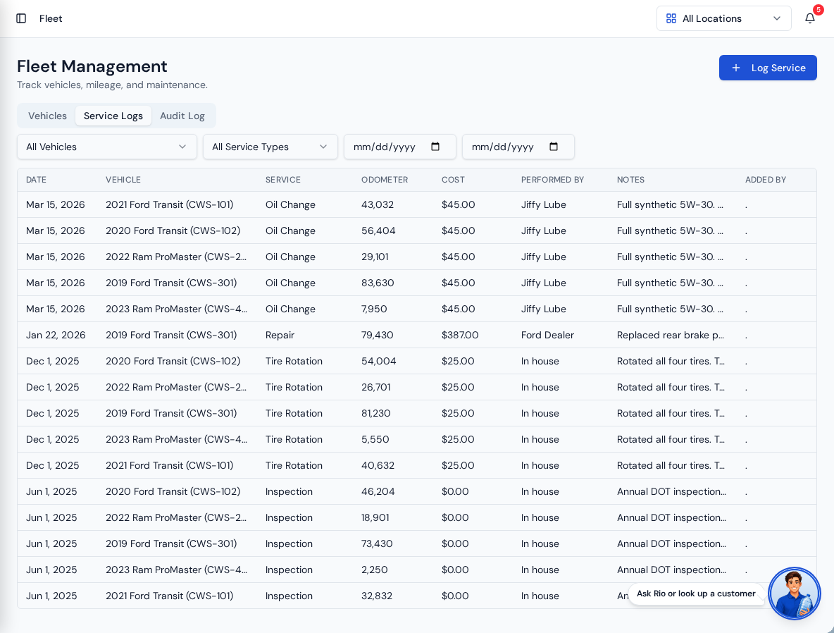 Purio fleet service log listing oil changes, tire rotations, inspections, and repairs with odometer, cost, and who performed the work
