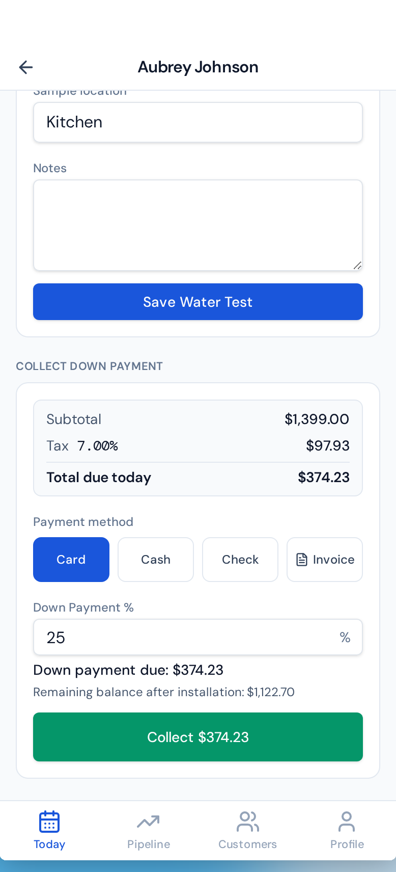 Purio sales app showing a down payment collection screen with subtotal, tax, payment method, and down payment percentage
