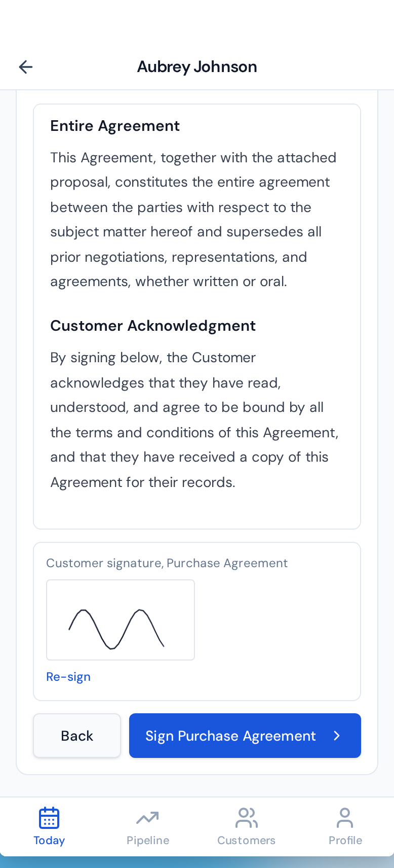 Purio sales app showing a purchase agreement with the customer acknowledgment section and a captured signature