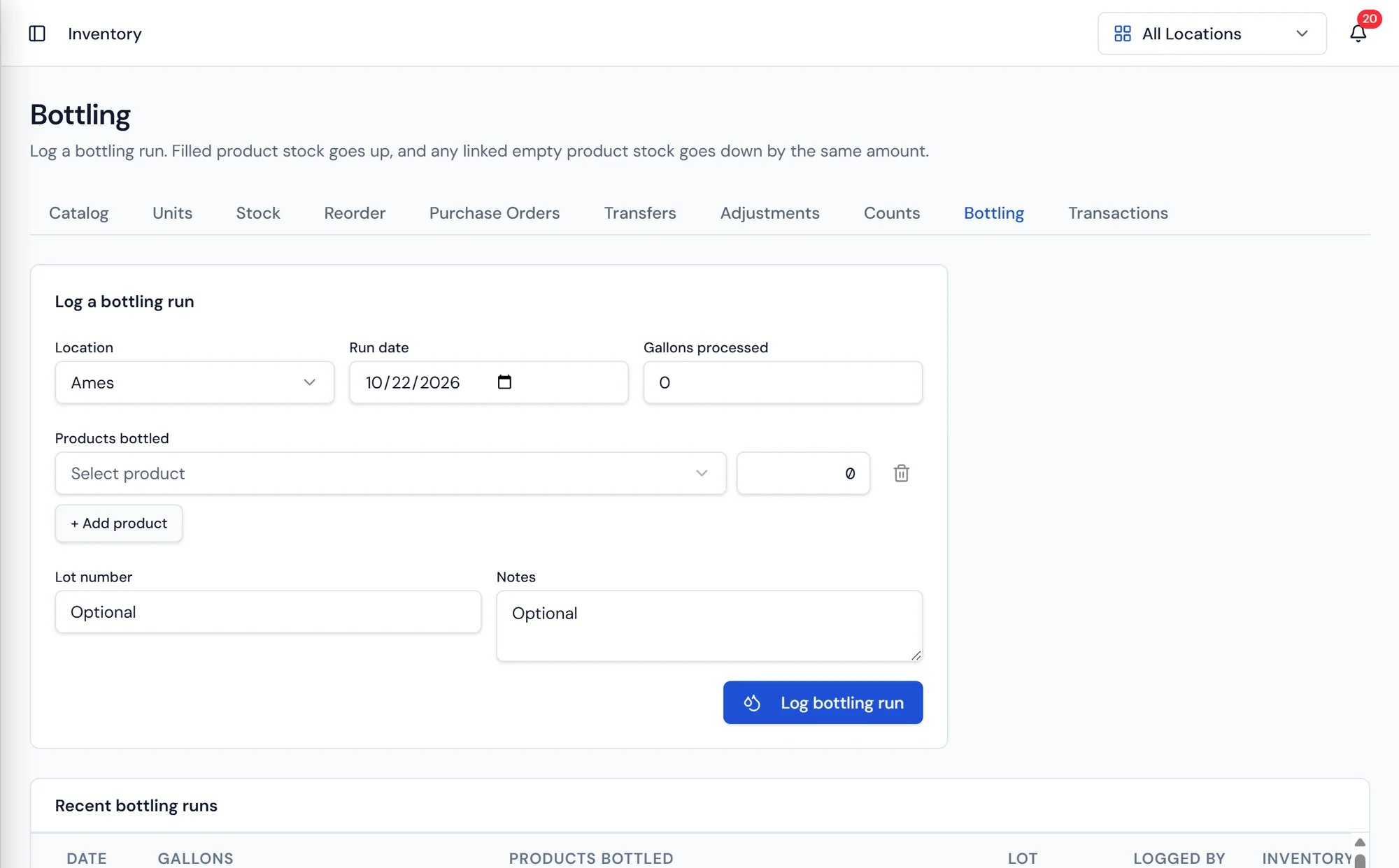 Purio bottling run form showing the location, products bottled, quantities, and lot numbers
