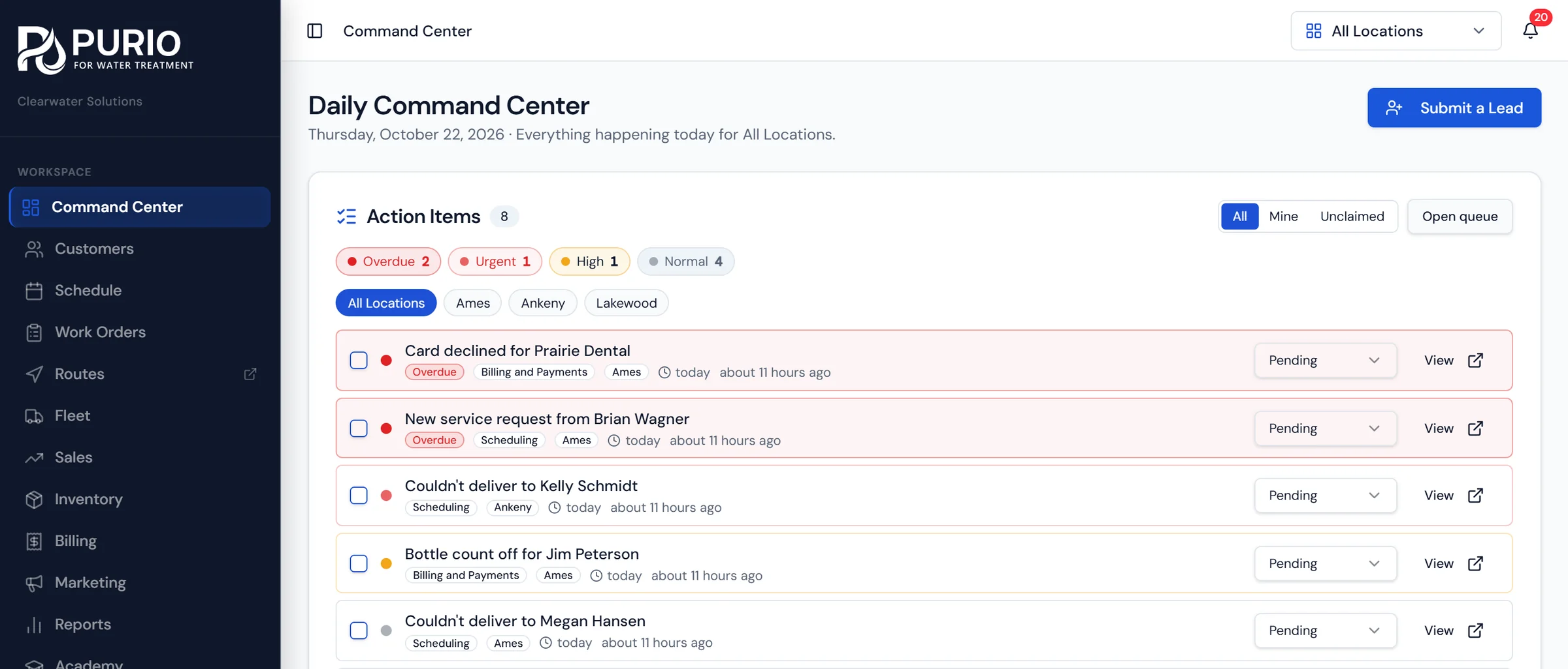Purio dashboard showing today's action items, active customer and open work order counts, revenue summary, and today's delivery schedule