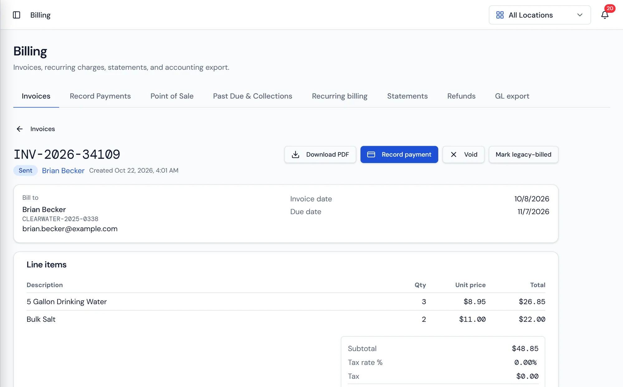 Purio invoice screen