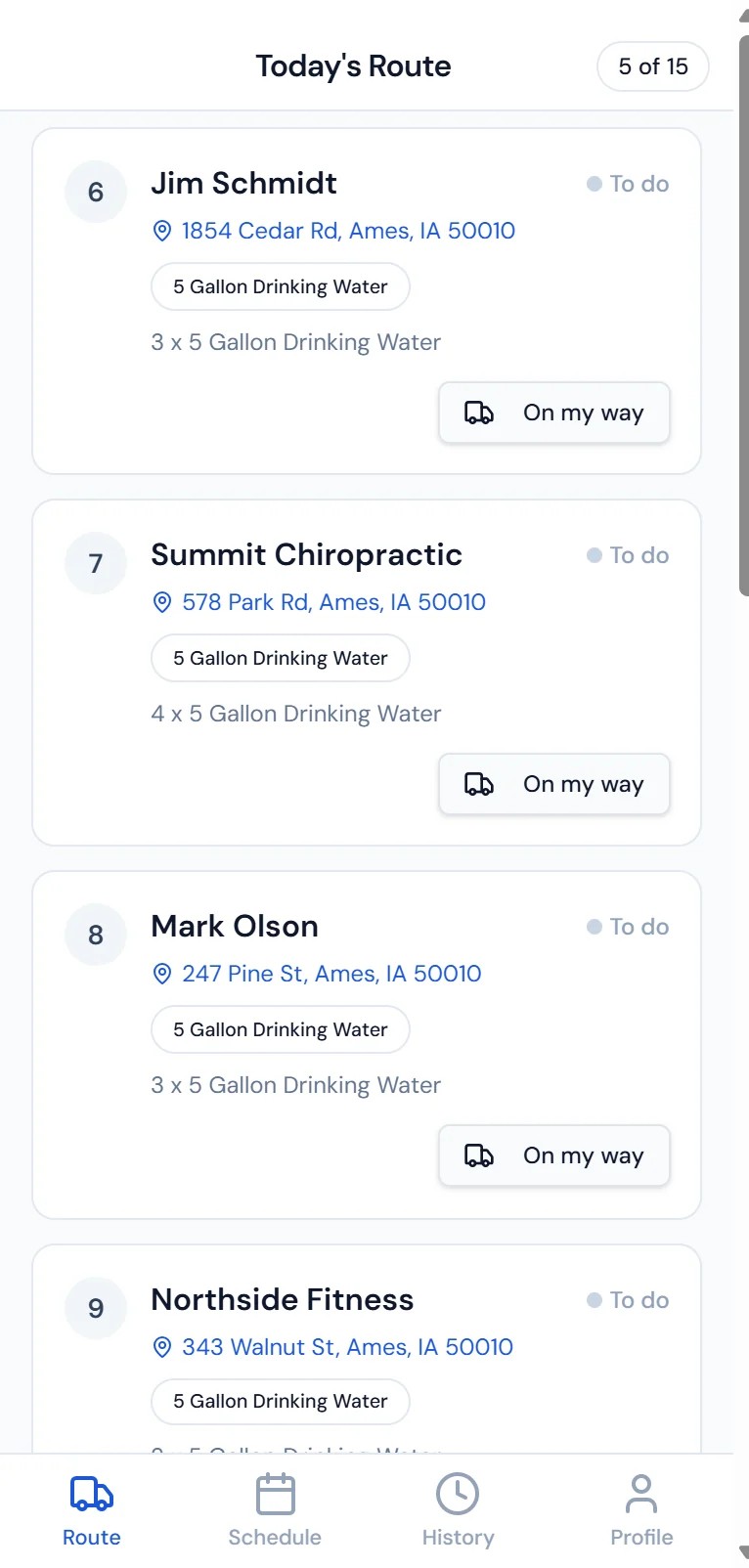 Purio driver app showing today's route in stop order, with delivery quantities and an on my way button for each customer
