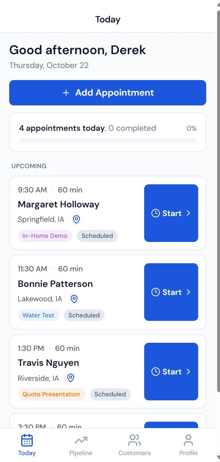 Purio sales app showing today's appointments with water test and quote presentation visits and a start button on each