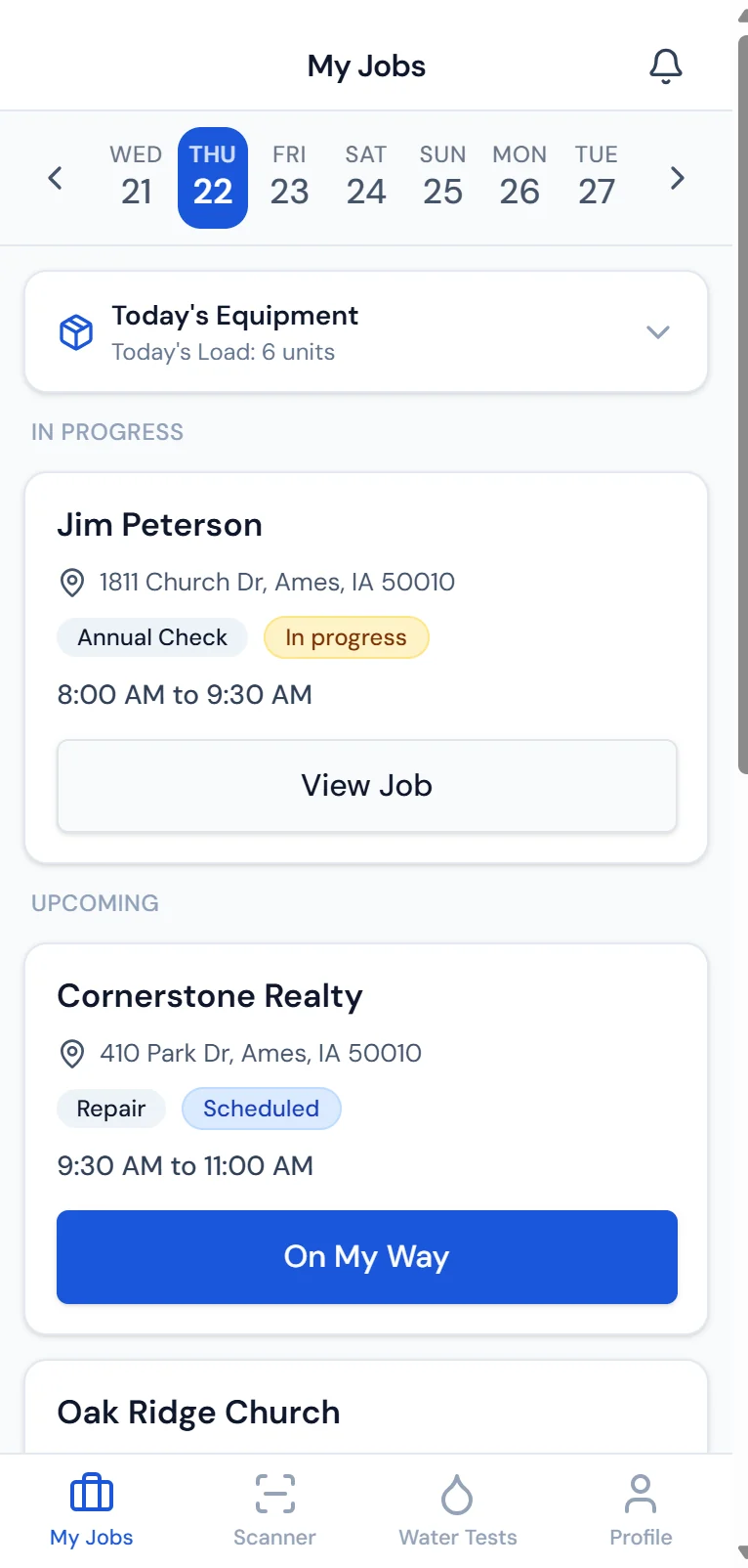 Purio tech app showing assigned service jobs for the day with the job timer control