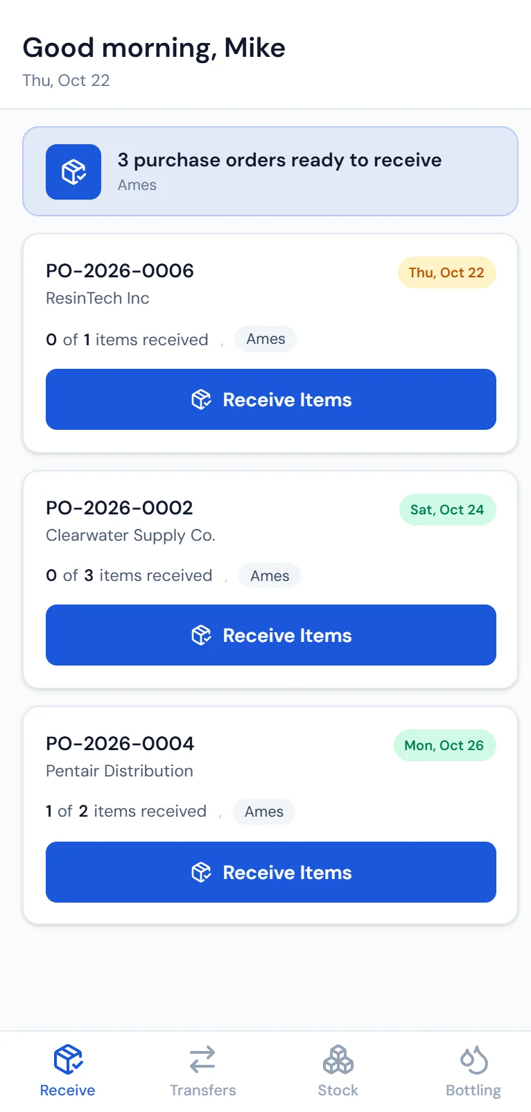 Purio warehouse app showing purchase orders ready to receive with vendor, location, and a receive items button on each
