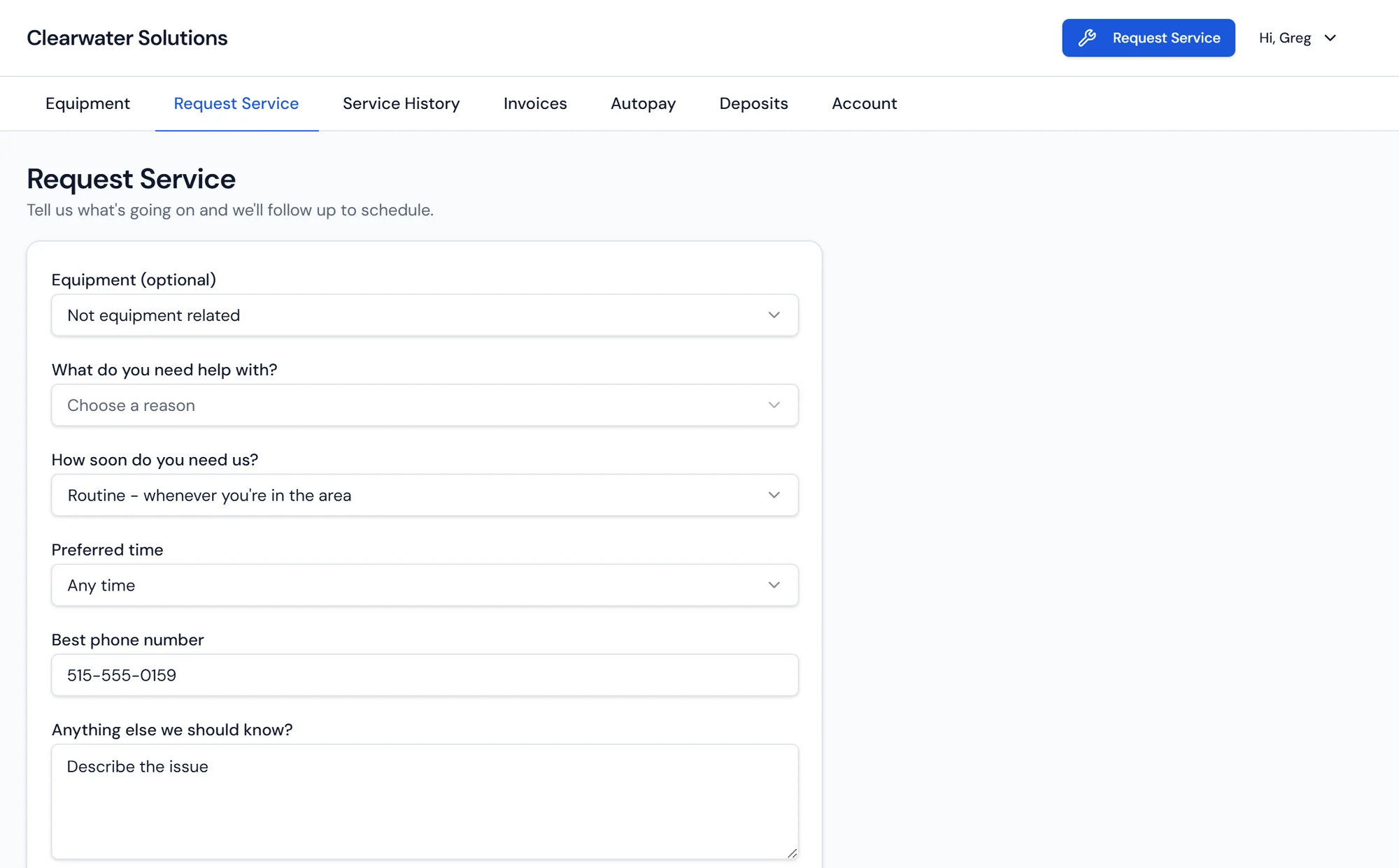 Purio customer portal form for requesting service on a specific piece of installed equipment