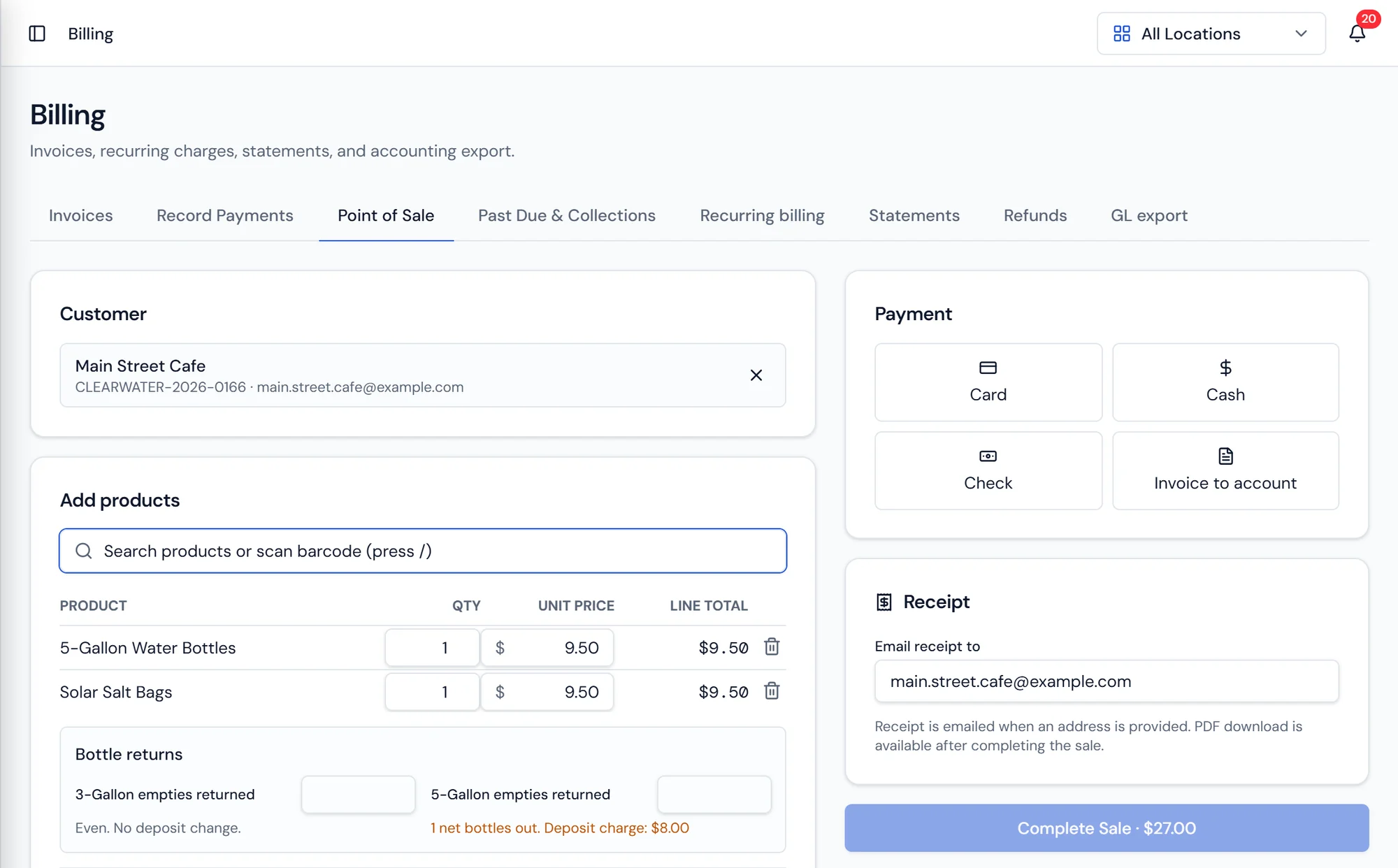Purio point of sale screen showing a counter sale with products, bottle returns, deposit charge, and total