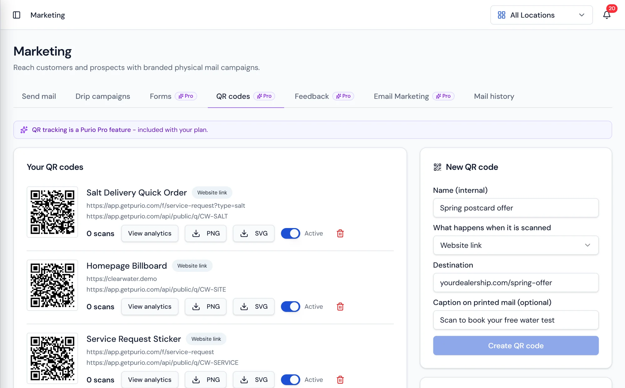 Purio QR code dashboard for creating and managing tracked codes for physical mail and signage