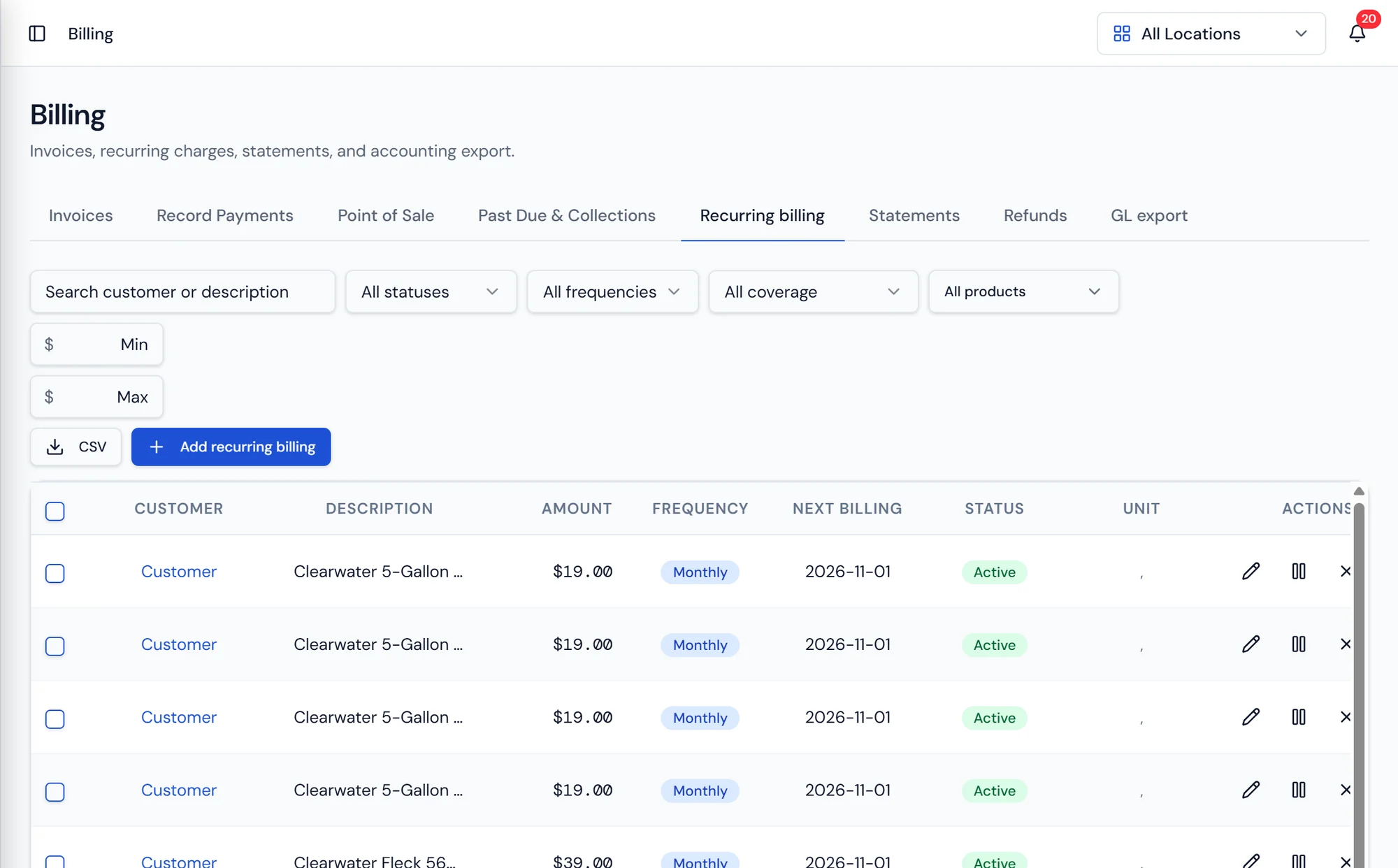 Purio recurring billing list showing customer names, charge descriptions, and amounts