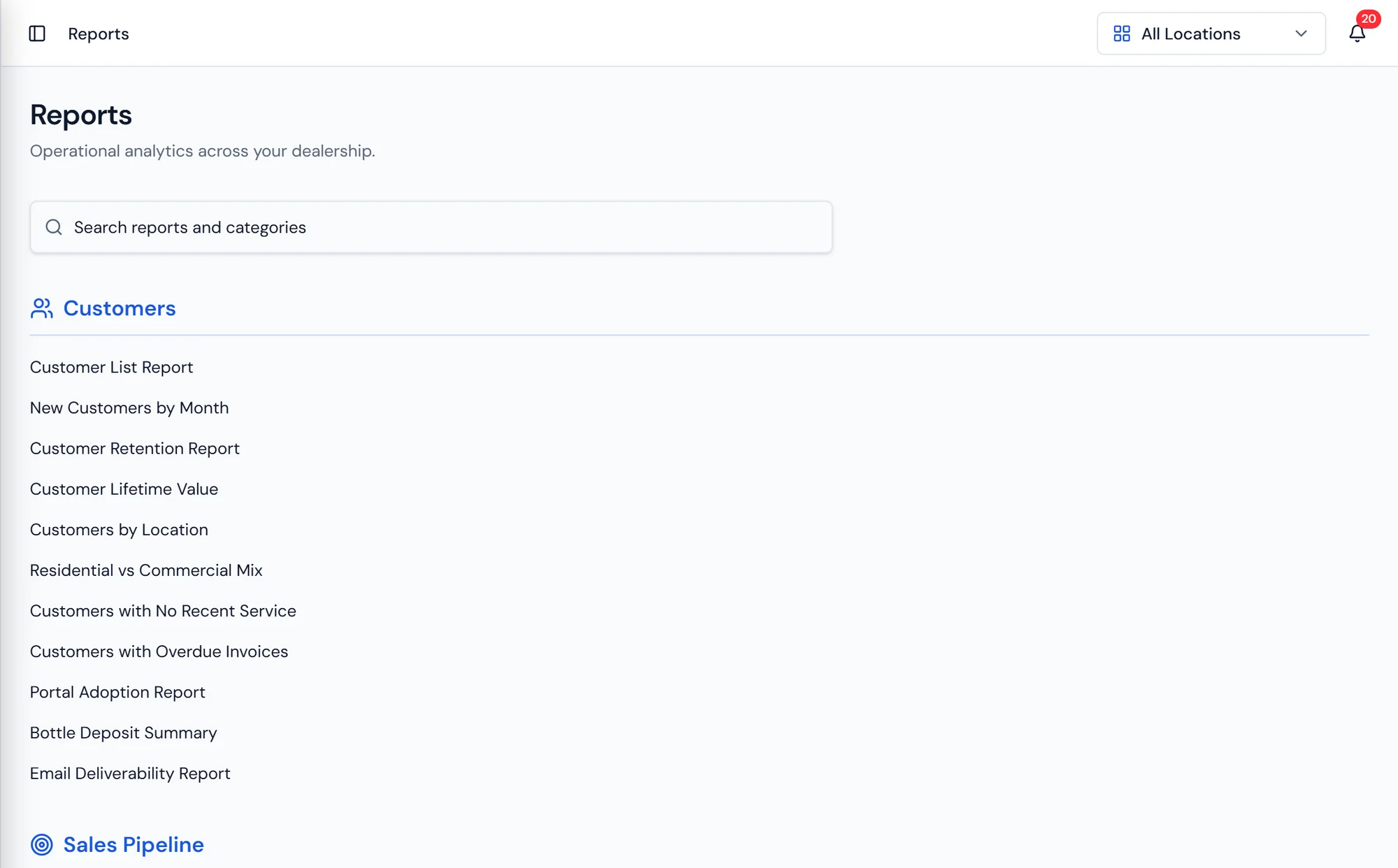 Purio reports hub listing available operational reports grouped by category