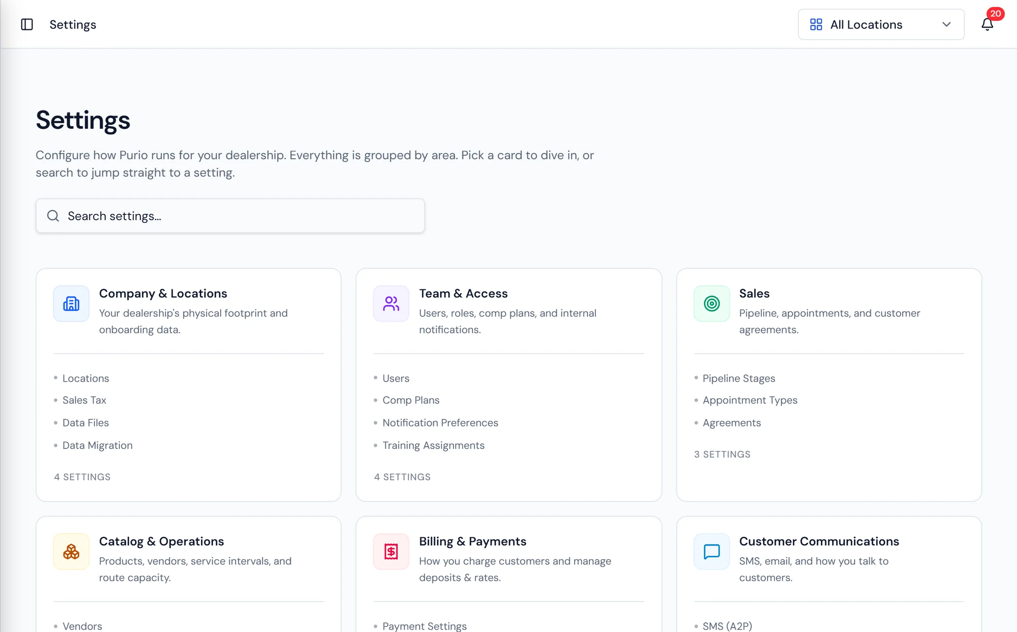 Purio settings hub showing configuration areas including company and locations, team and access, and sales